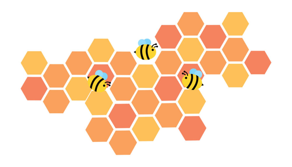 brightly colored yellow and orange honey combs with fat yellow and black striped bees with blue wings.