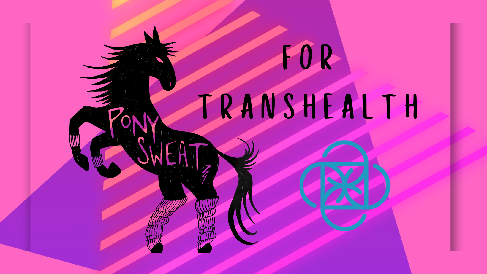 Pony Sweat for Transhealth. Black Pony with neon pink, purple and yellow background.