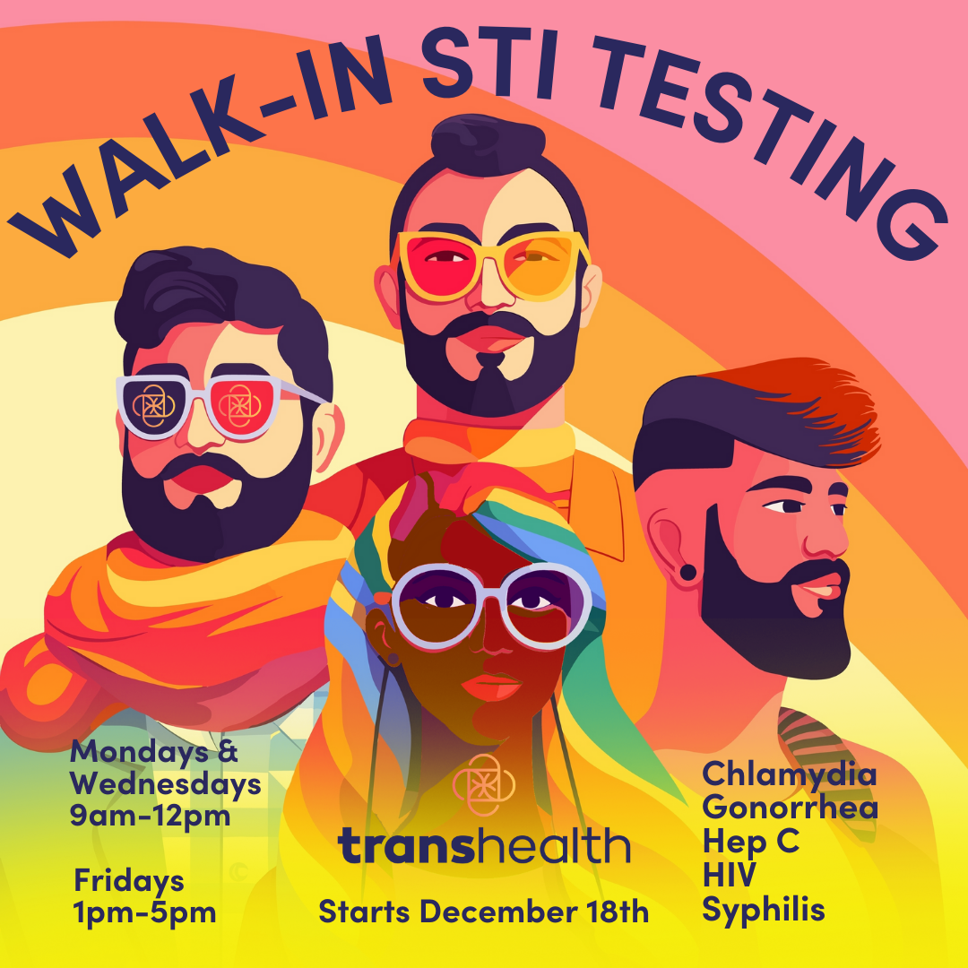 Bright rainbow colors with four illustrated people- three with beards, three with glasses, and one with rainbow hair.