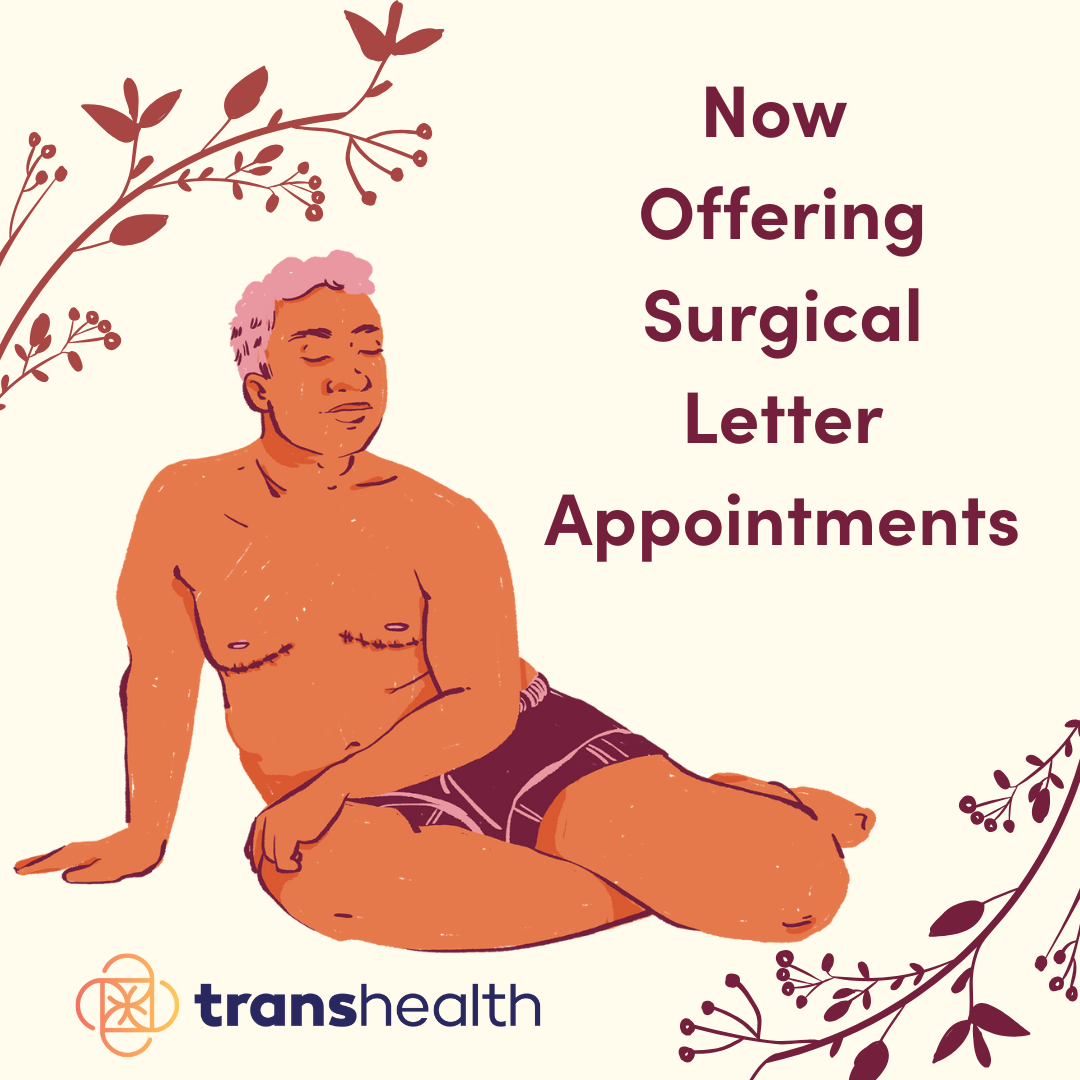 Person with pink hair and surgical scars on their chest sitting casually. Branches, Transhealth logo