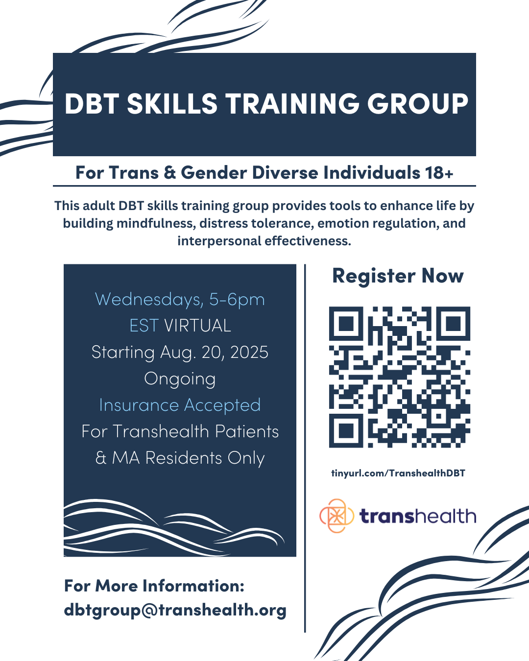 Blue text boxes, white and blue wave designs, QR code, and Transhealth logo.