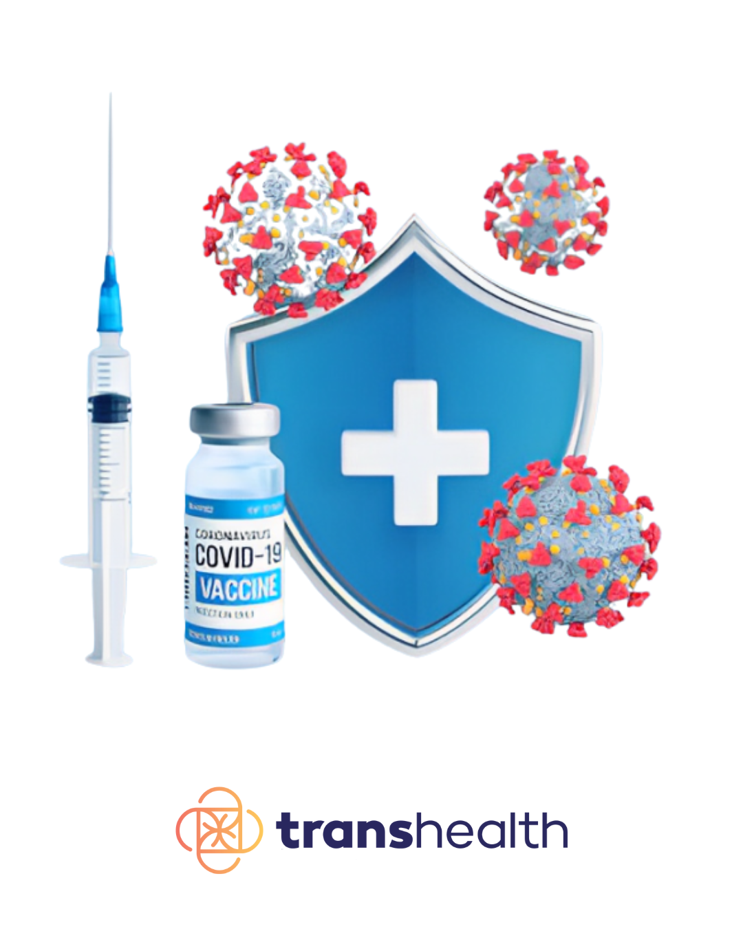 Blue shield with plus sign, covid viruses, vial of covid vaccine, syringe, transhealth logo