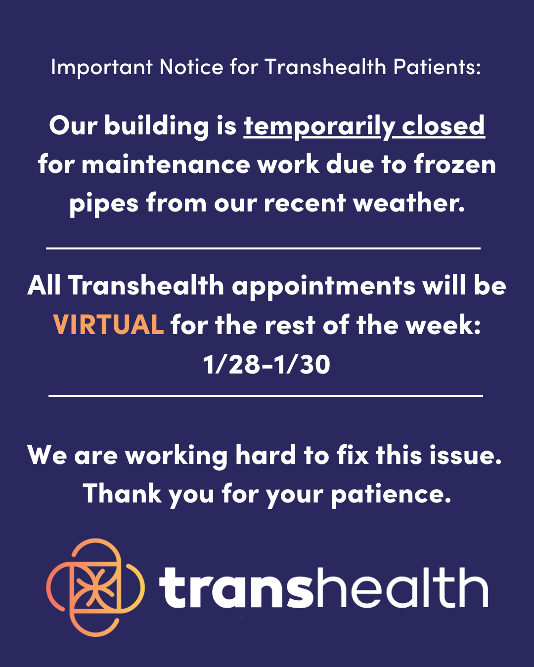 Blue background with white text and the Transhealth logo at the bottom.