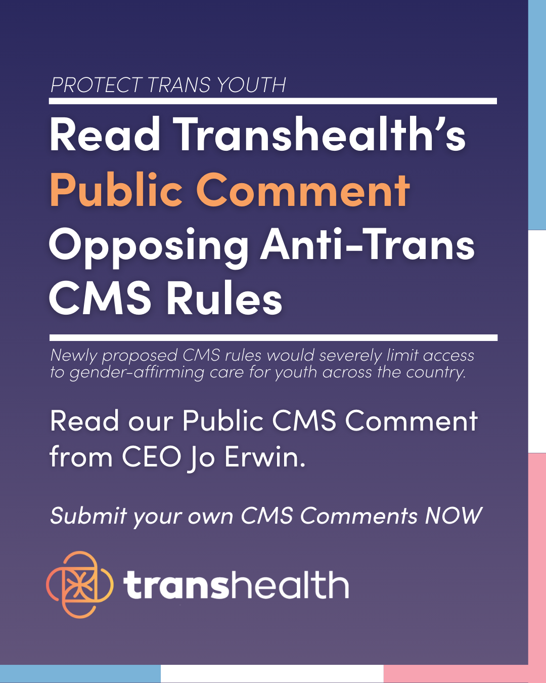 Dark blue background, white and orange letters, Transhealth logo