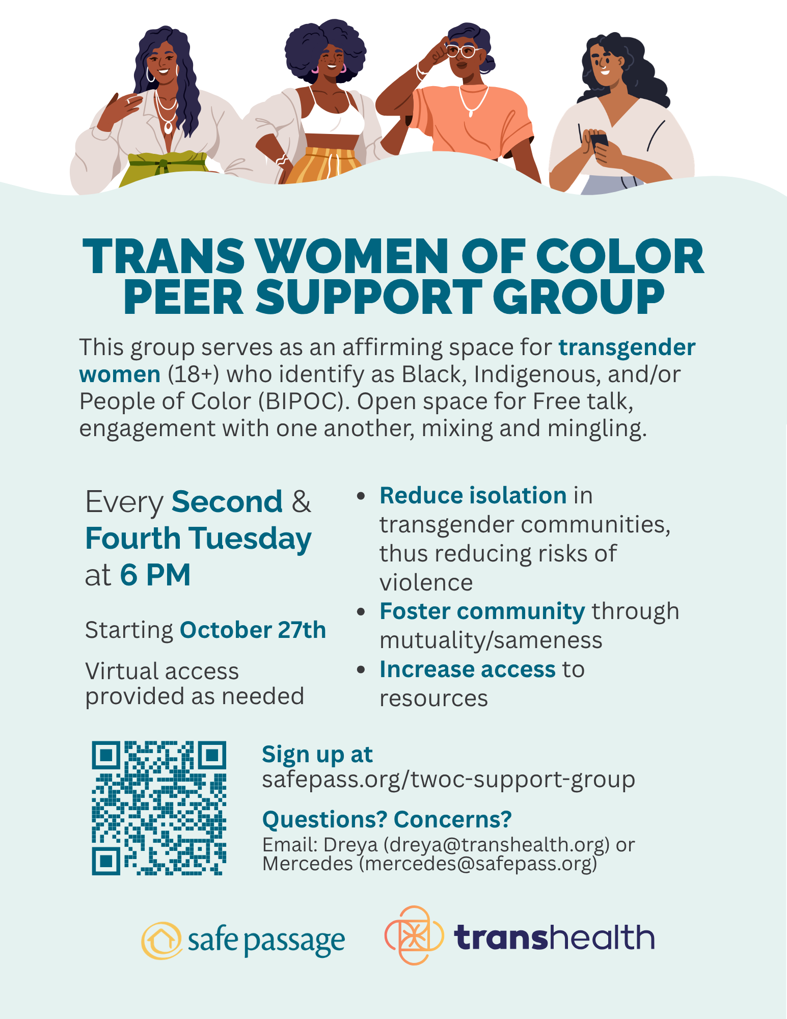 Flyer for TWOC Peer Support Group. Top of the image includes an illustration of several BIPOC women. Turquoise background and text. QR code below with the Safe Passage logo and Transhealth logo at the bottom of the image.